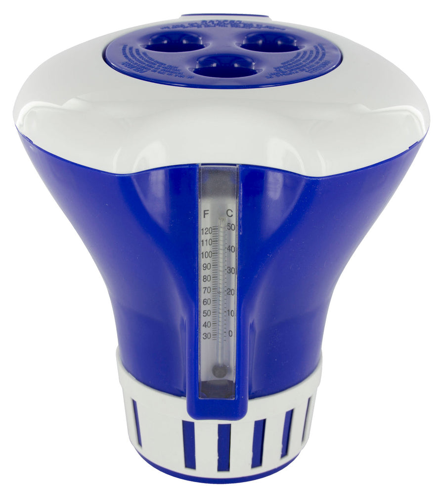 Steinbach Chlordosierschwimmer mit integriertem Thermometer, für 20 - 200 g Tabletten, Verstellring zum Dosieren der Chemie