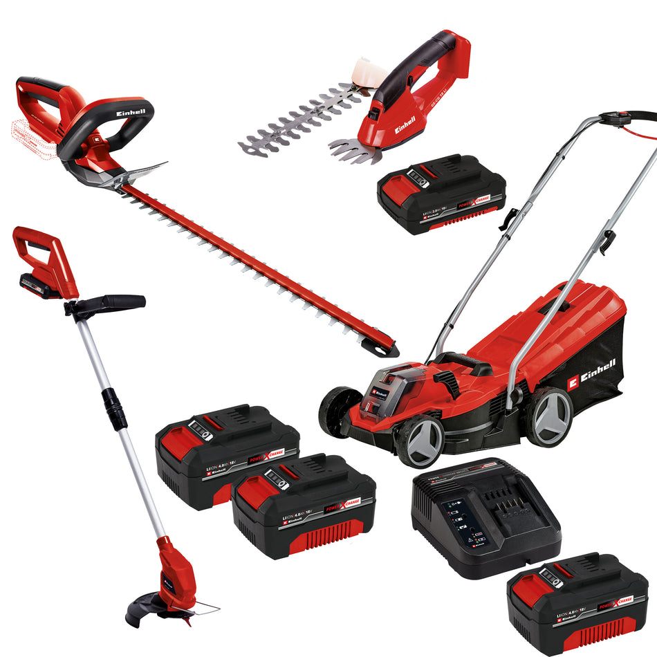Akku-Heckenschere 1846 Gras- Strauchschere Rasenmäher und Rasentrimmer XXL Gartenset