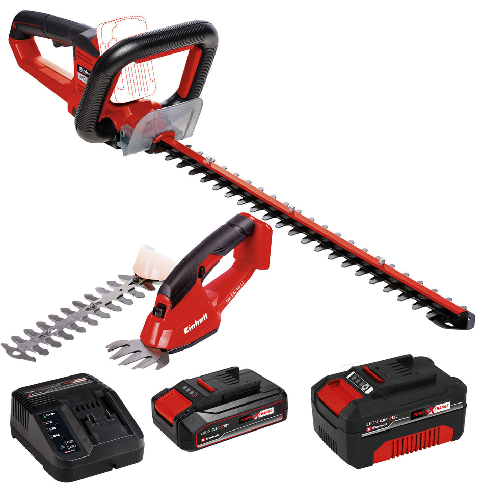 Einhell Akku-Heckenschere Arcurra und Gras-Strauchschere mit Akku und Ladegerät Gartenset