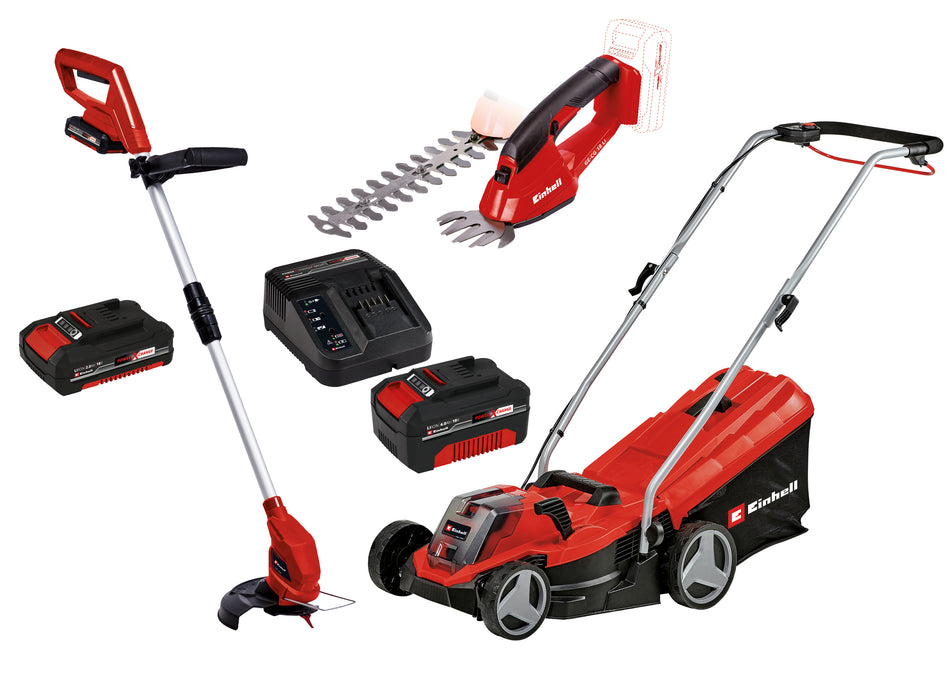 Rasenmäher mit Gras- Strauchschere und Rasentrimmer XL Gartenset