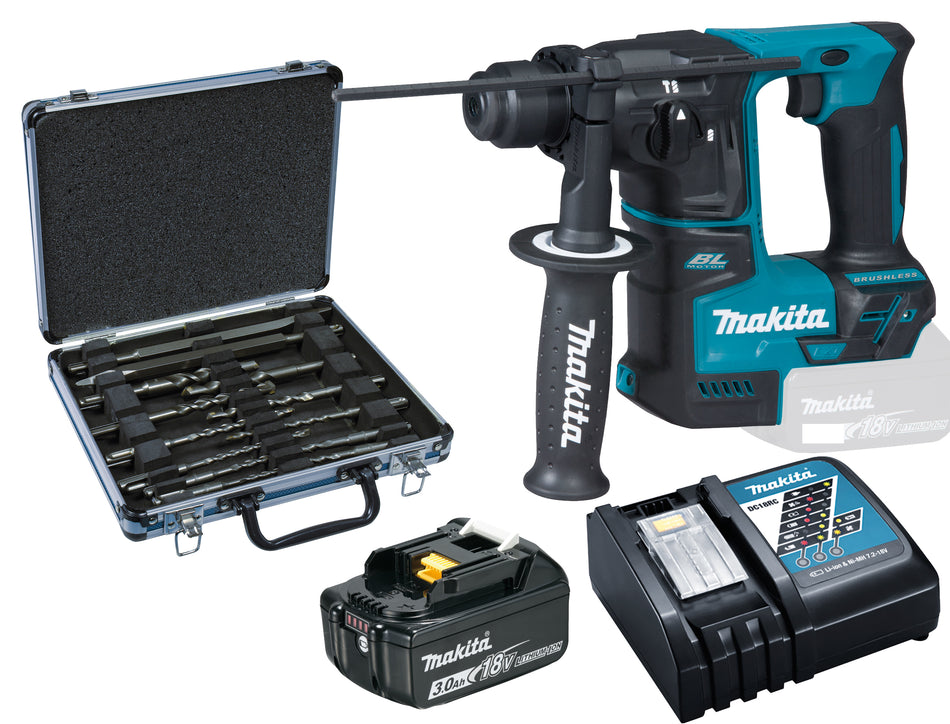 Akku-Bohrhammer für SDS-PLUS 18 V mit 3 Ah Akku, Ladegerät und Bohr- und Meißel-Set 13 tlg.