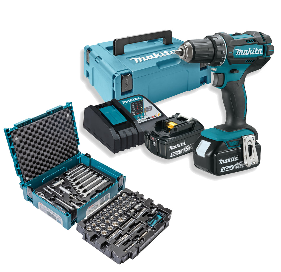 Makita Akku-Bohrschrauber 18 V/3,0 Ah + 2 Akkus Ladegerät im MAKPAC + Werkzeugset 120-tlg.