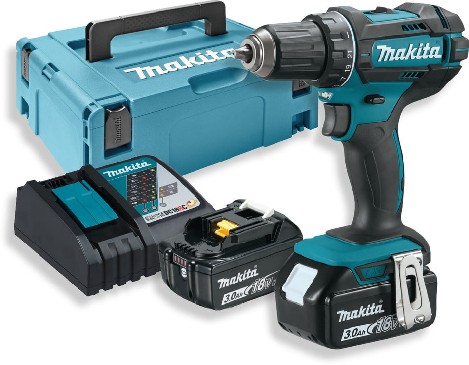 Makita Akku-Bohrschrauber 18 V/3,0 Ah + 2 Akkus Ladegerät im MAKPAC + Werkzeugset 120-tlg.